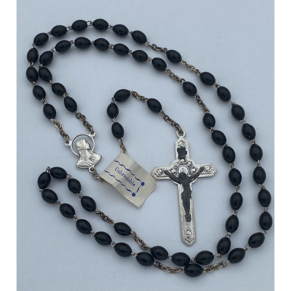 Vtg Black Acrylic Unbreakable Chain Cherub Crucifix Rosary Italy Christianity